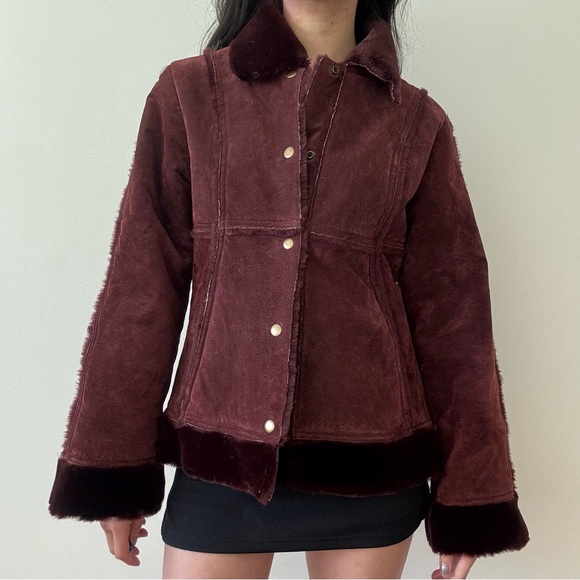 Vintage burgundy suede and faux fur shearling coat - Picture 1 of 9